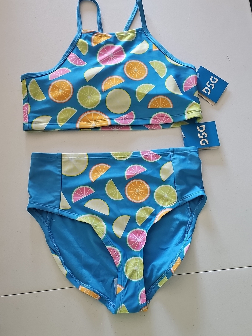 DSG Turquoise Citrus Print Girls Two-Piece Swimsuit